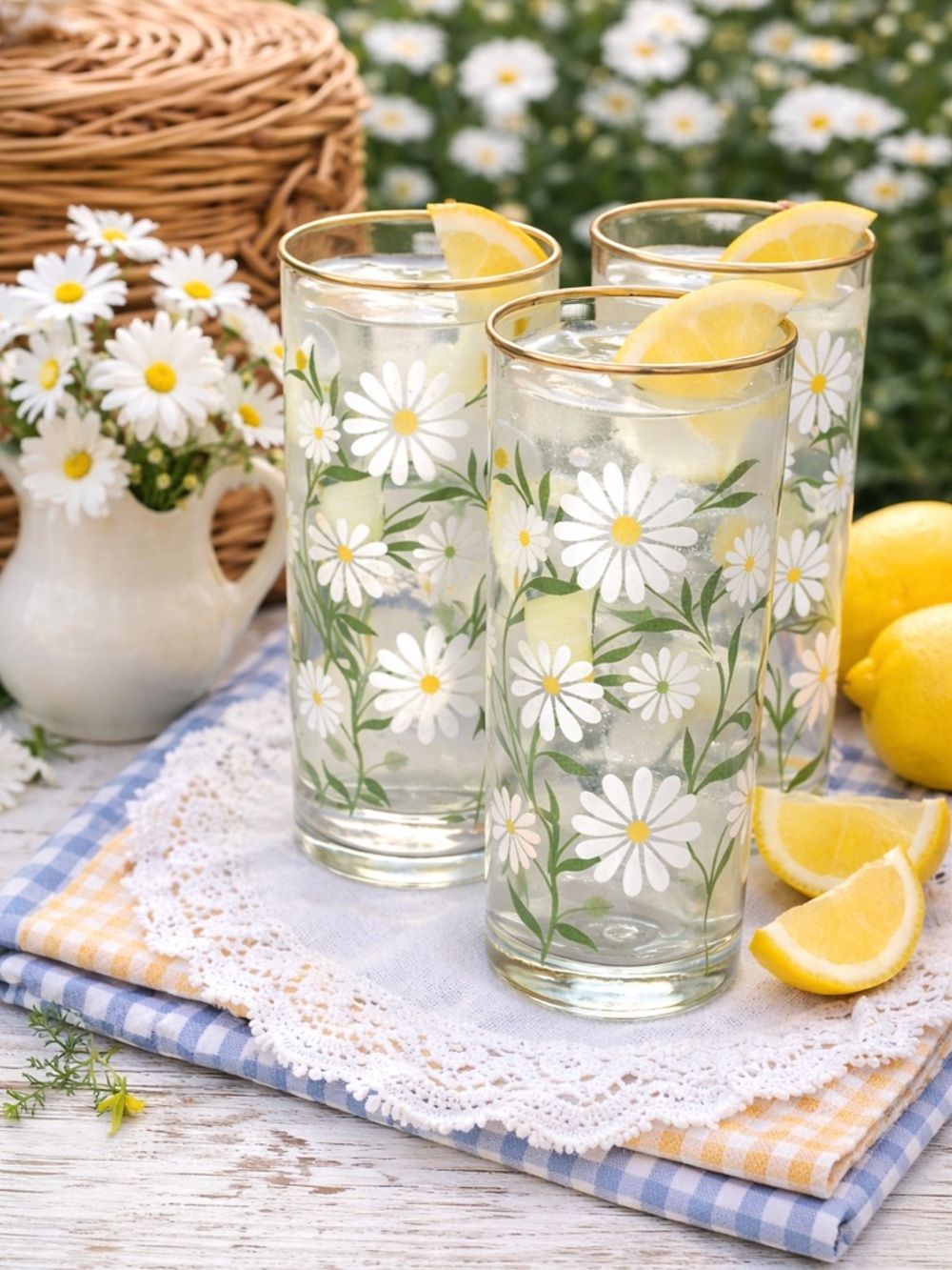 Vintage Daisy Glasses Gold Rim Floral Tumblers Set of 3 Cottagecore